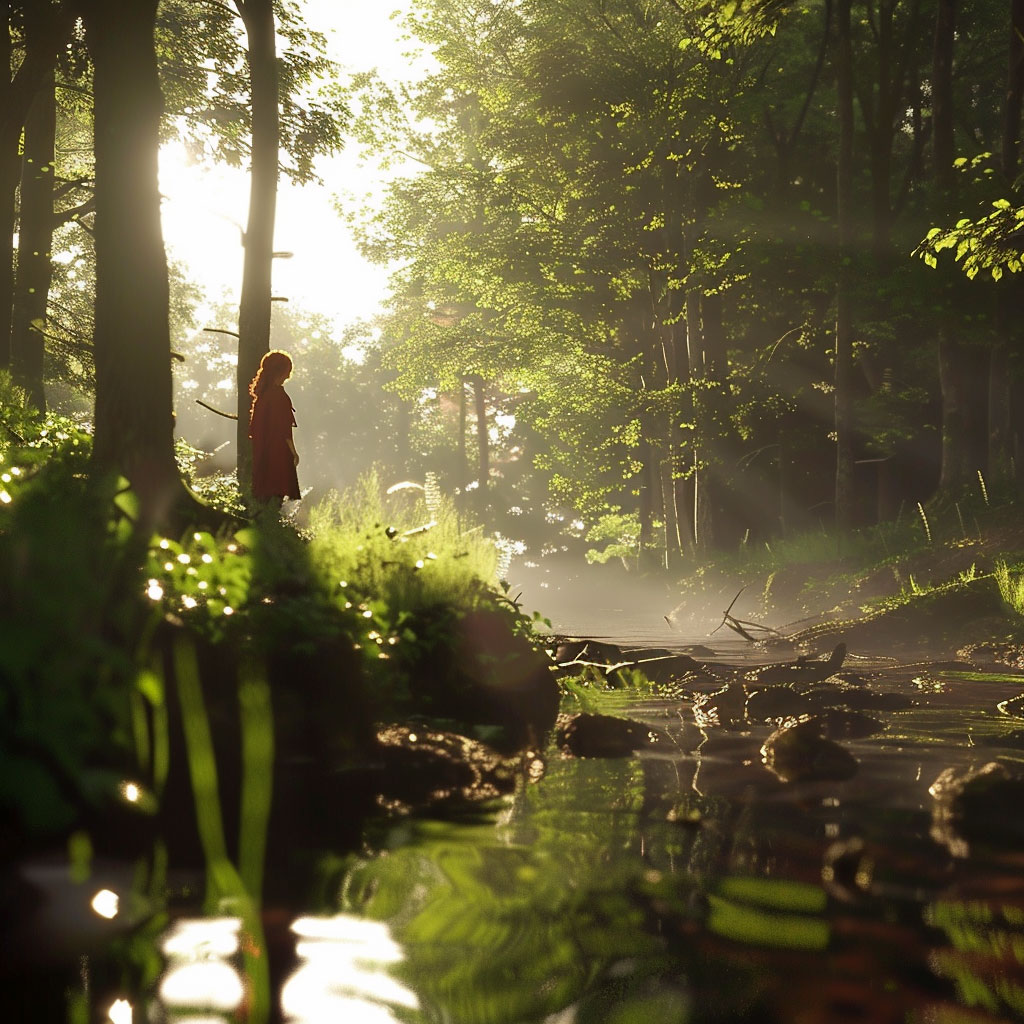 Rays of sunlight through a lush woodland portraying nature therapy